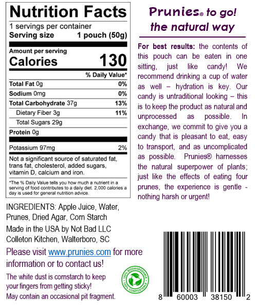 Prunies Original nutrition label